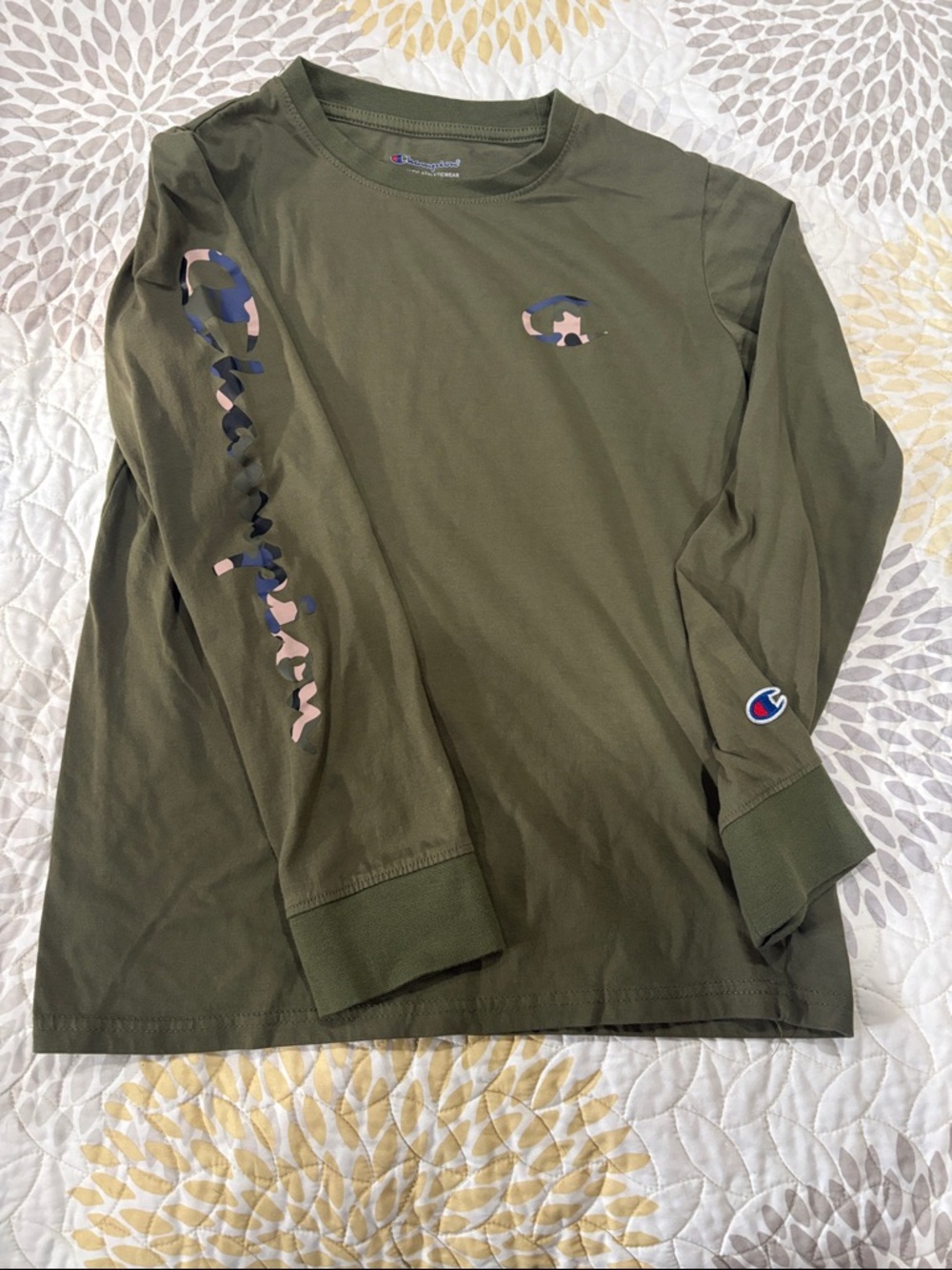 Champion Olive Green Long Sleeve Tee with Camo Logo